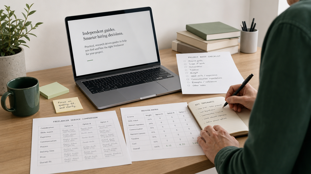 Editorial research desk with freelancer hiring checklists and comparison notes